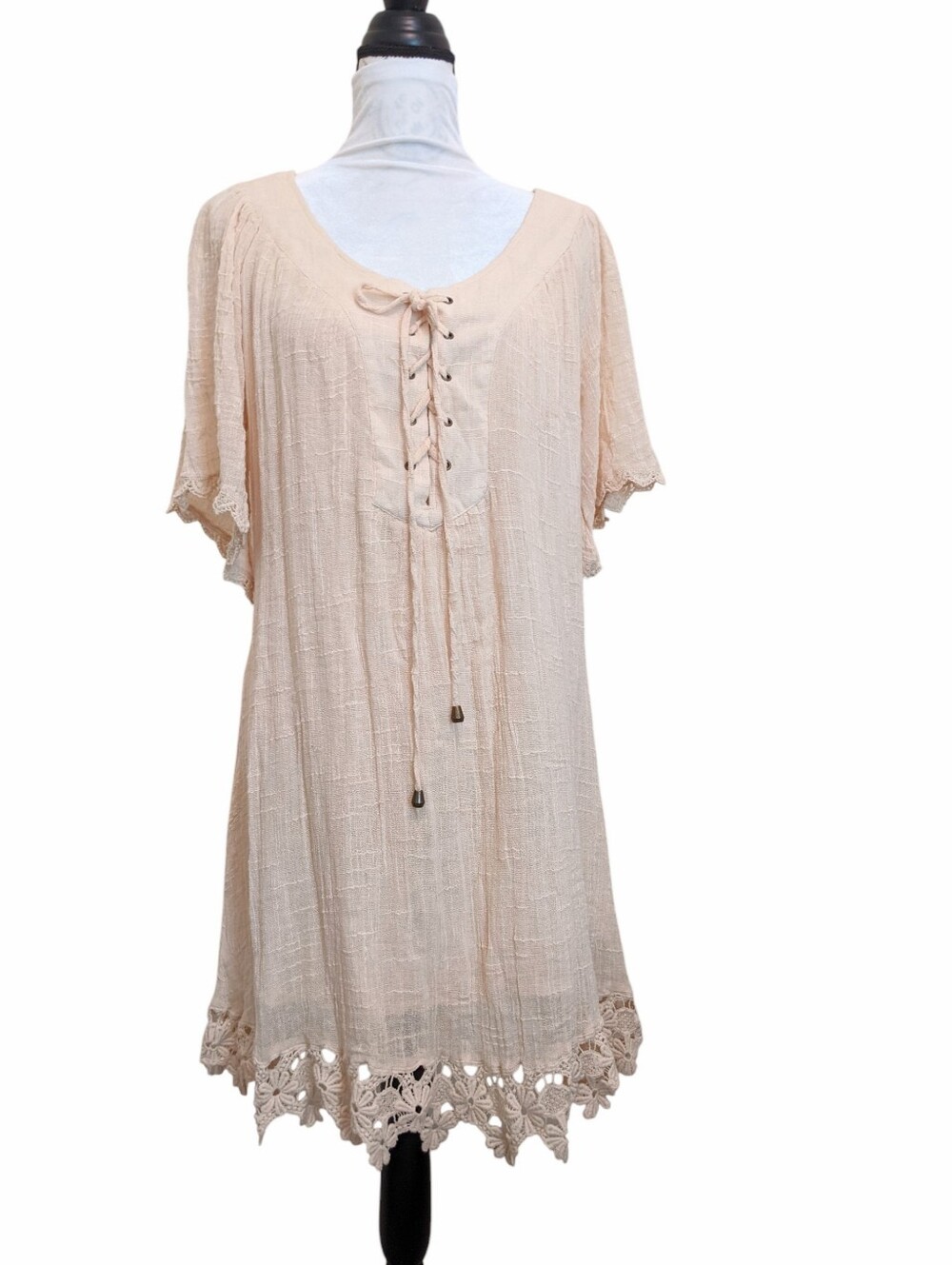 LOVE STITCH Boho Babydoll Dress Lace Up Wheat Off White Versatile Oversized Sz L